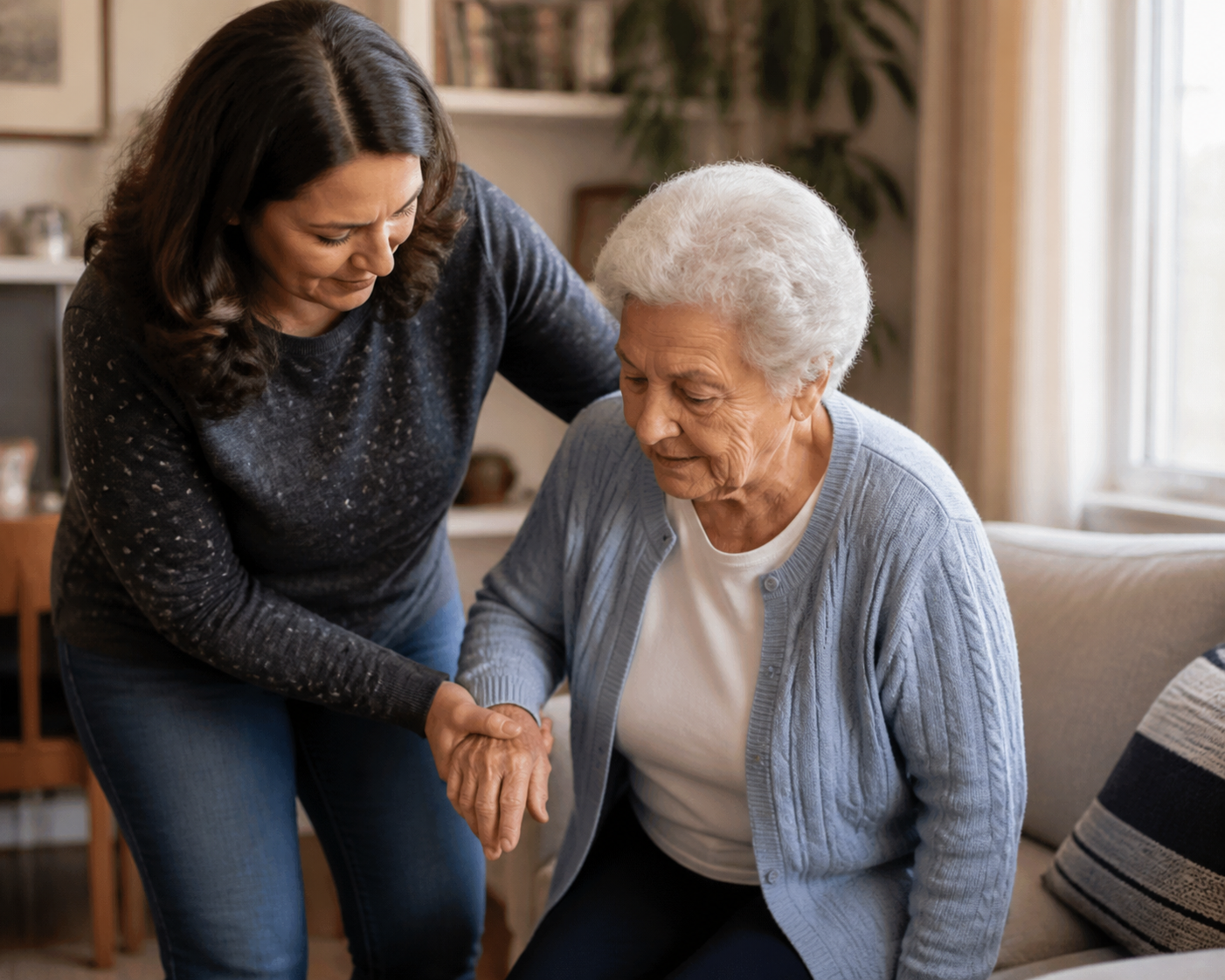 An adult son assisting his elderly mother in a comfortable, brightly lit living room.