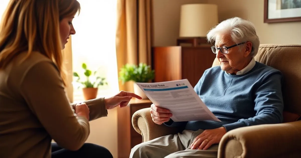 A care coordinator explaining a Community HealthChoices benefits guide to an older adult at home
