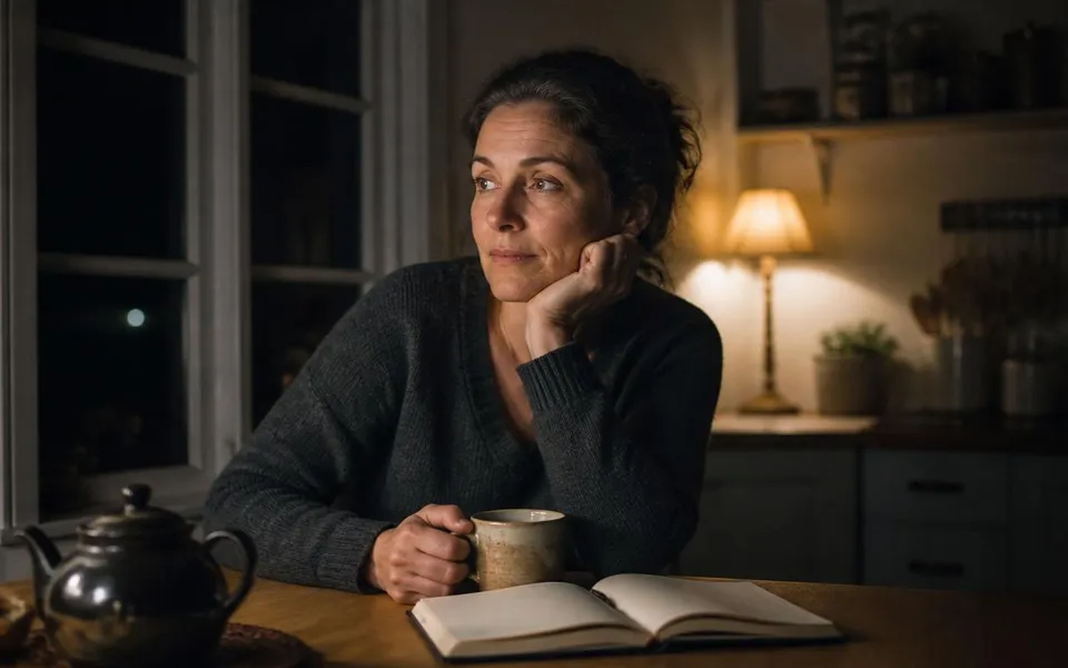 An adult daughter sitting at her kitchen table late at night with a mug of tea and an open notebook