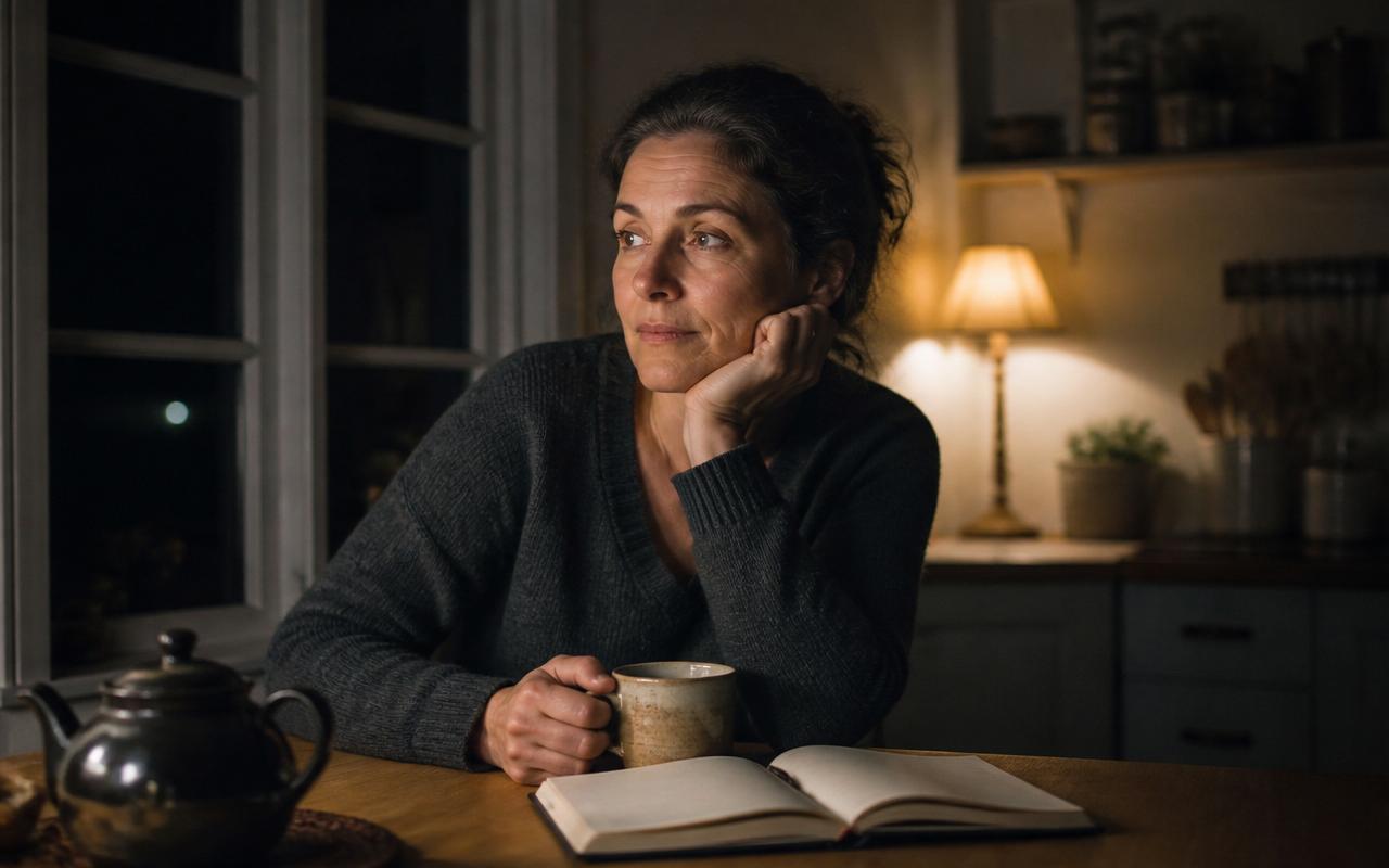 An adult daughter sitting at her kitchen table late at night with a mug of tea and an open notebook