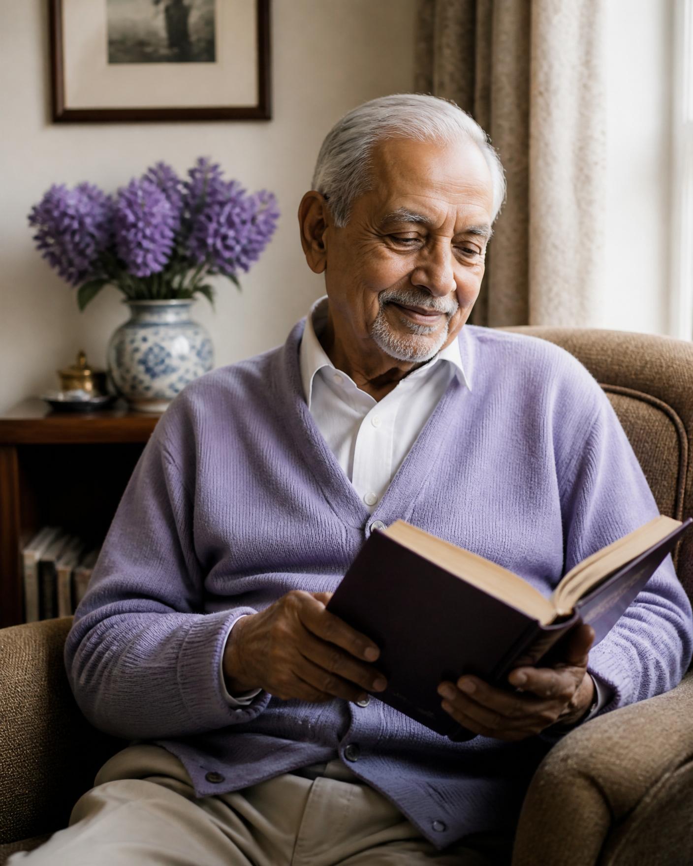 Geriatric care management client reading calmly at home after his care plan was put in place
