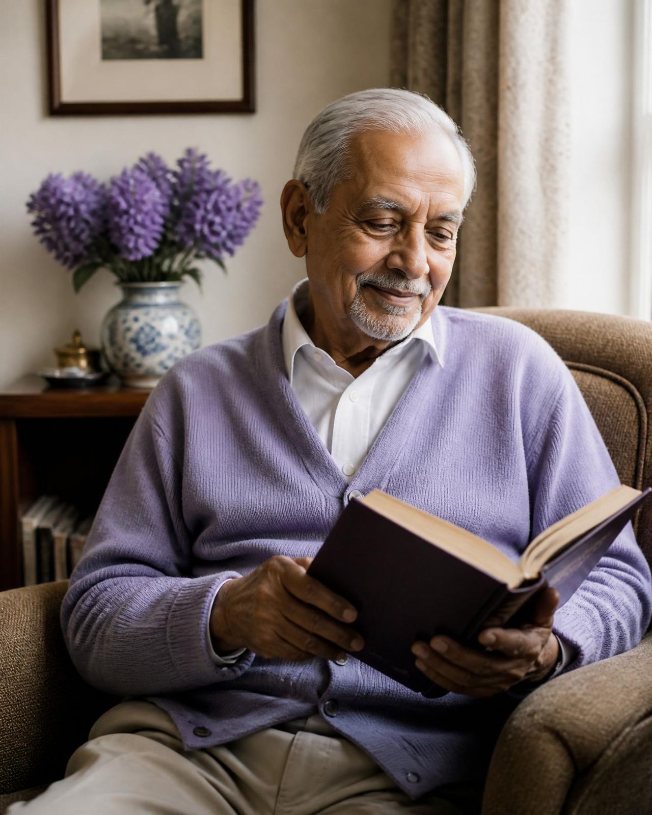 Geriatric care management client reading calmly at home after his care plan was put in place