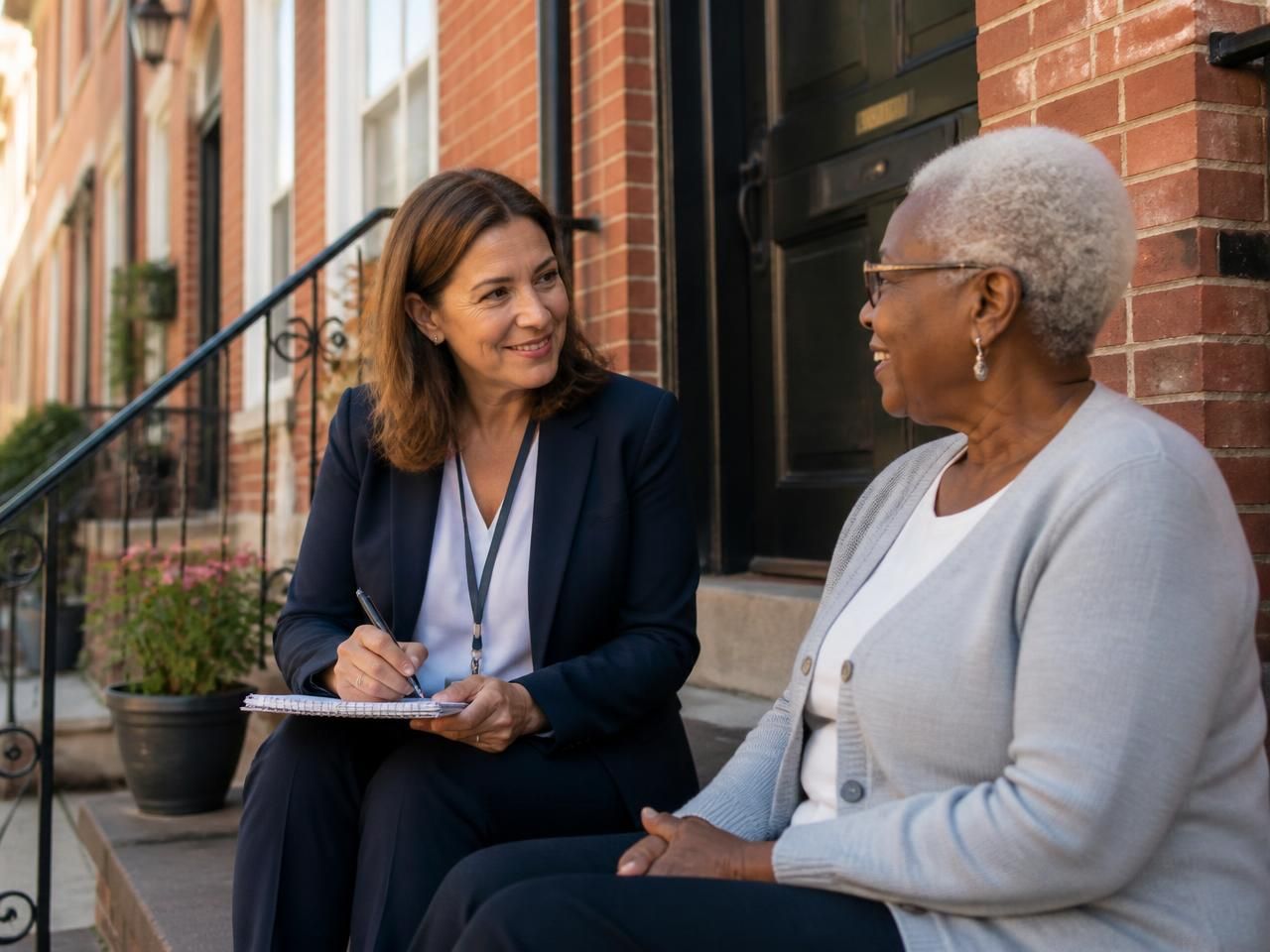 A care manager sitting on the front steps of a Philadelphia rowhome talking with an older woman