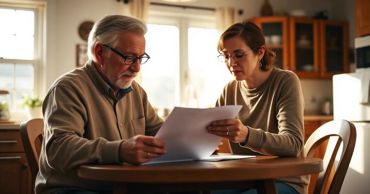 An older Pennsylvania adult and his adult daughter reviewing waiver program paperwork together at home