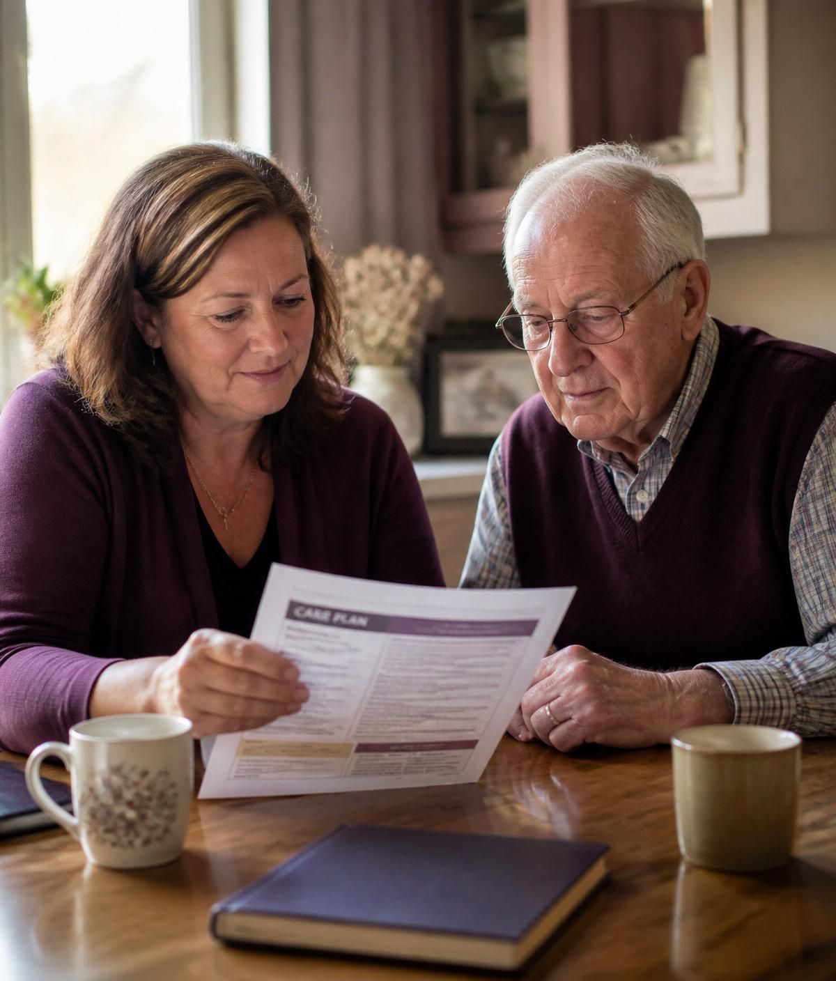 Adult child reviewing a care plan with an aging parent at home