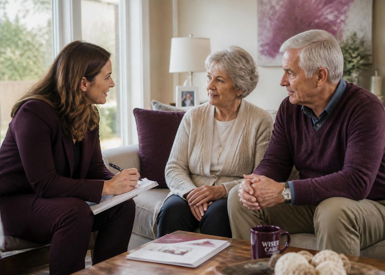 A geriatric care manager taking notes while meeting with an older couple in their living room